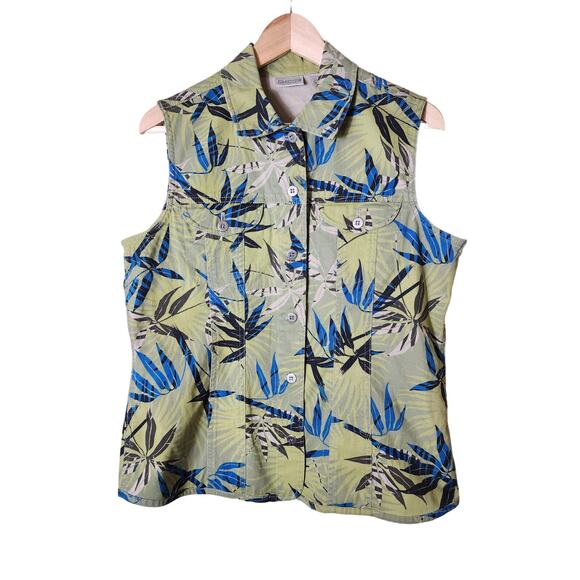 CHICO'S Olive Green Khaki Bamboo Leaf Tropical Denim Button Up Vest SZ 1 (US M) - Picture 1 of 8
